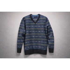 Nautica Fair Isle Sweater Men’s XL Blue 100% Cotton Winter Knit V-Neck Pullover